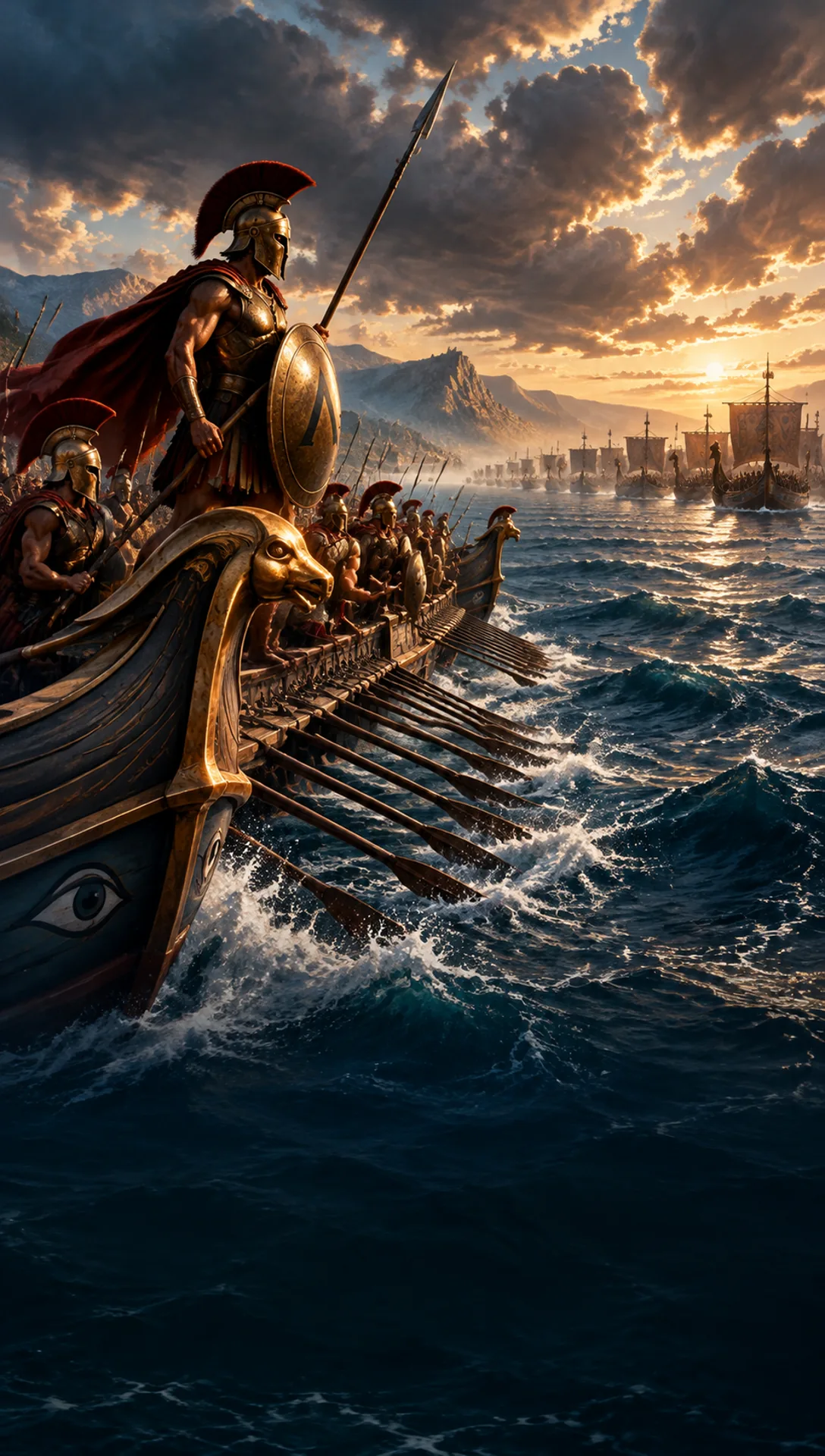 Greek triremes at sea off Cape Artemisium
