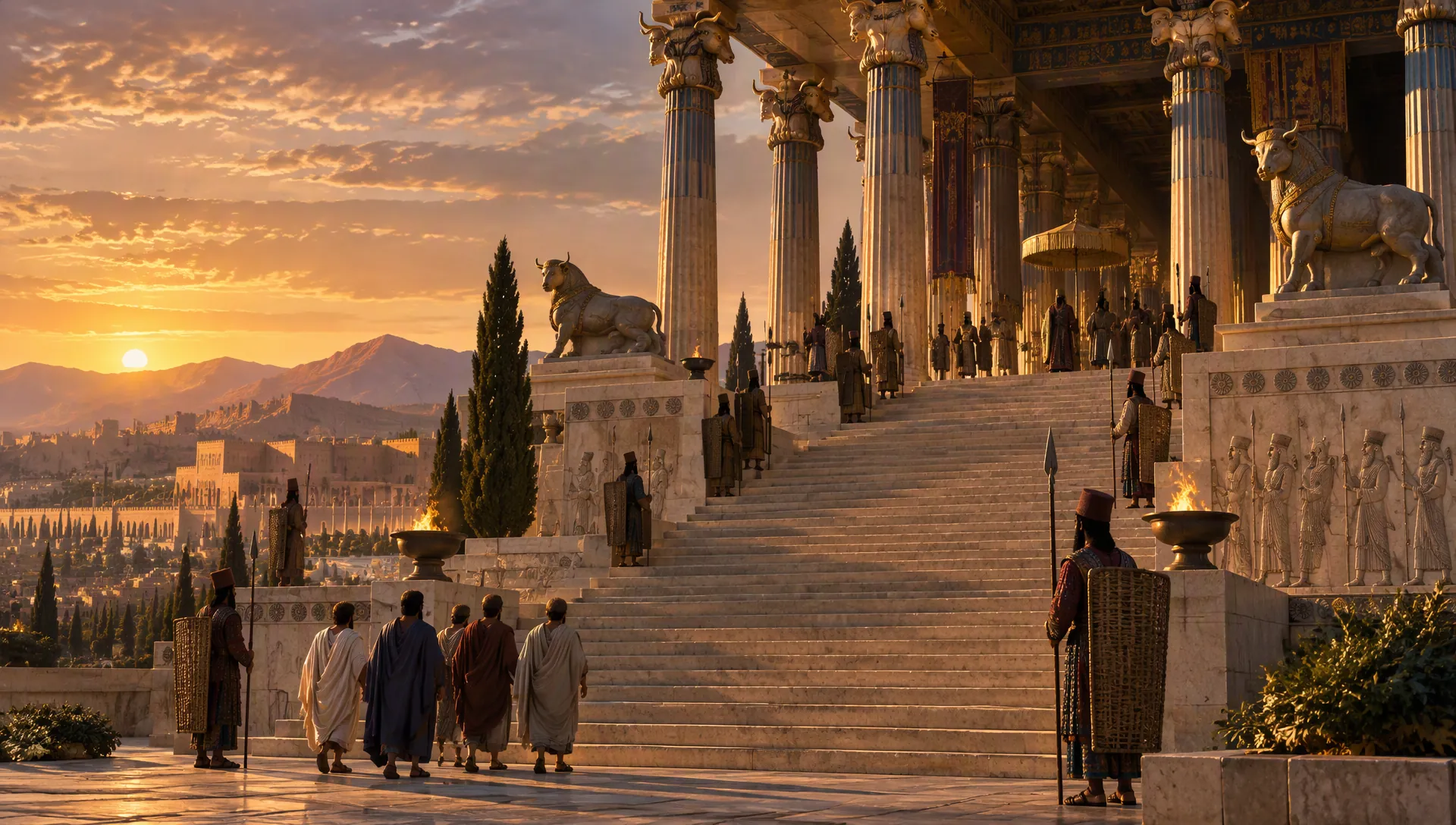 Greek envoys climbing the stairway of a Persian royal palace