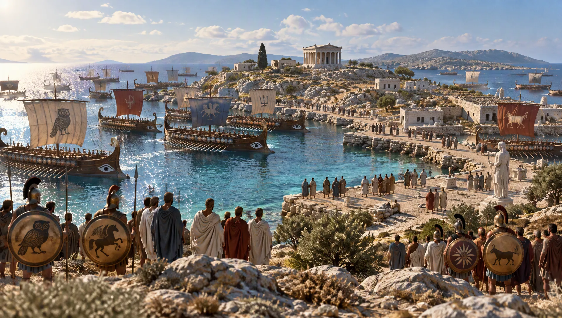 Allied Greek ships in the harbour of Delos, with the sanctuary of Apollo above