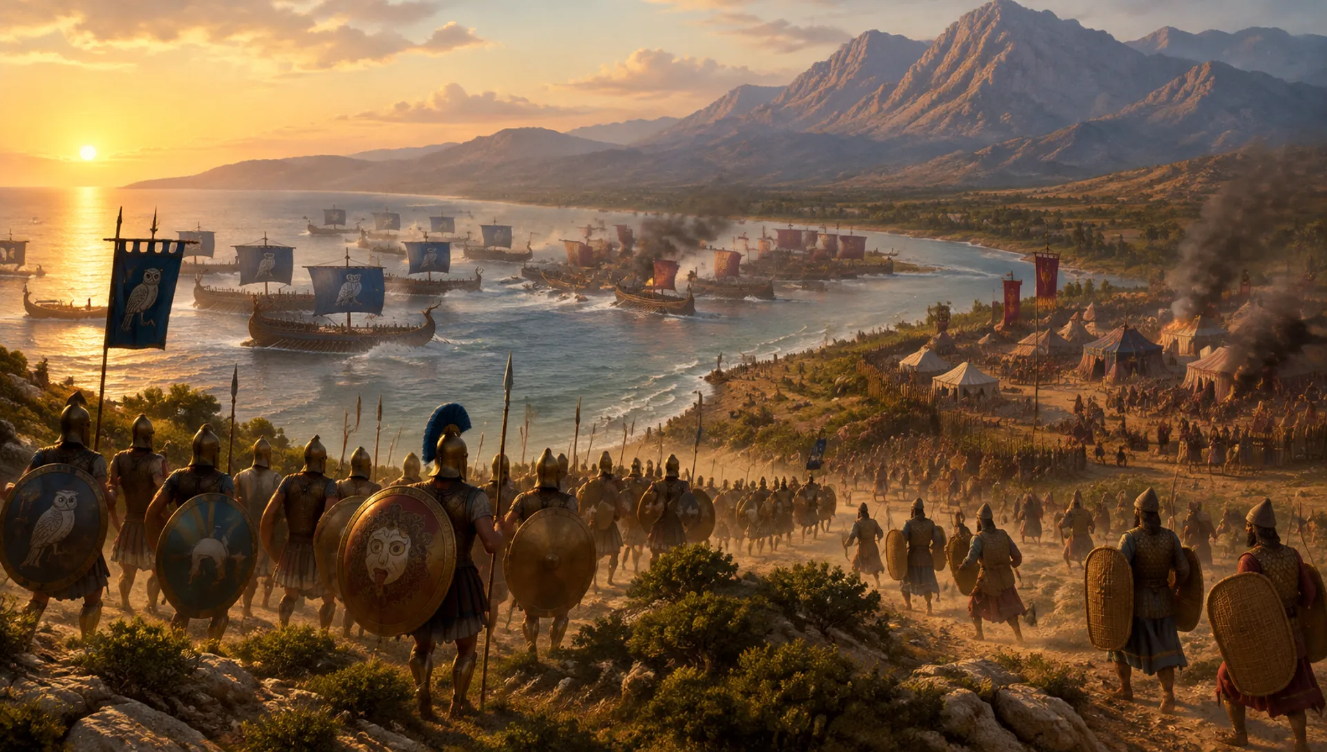 The Greek fleet attacking at the mouth of the Eurymedon river while hoplites storm the Persian camp