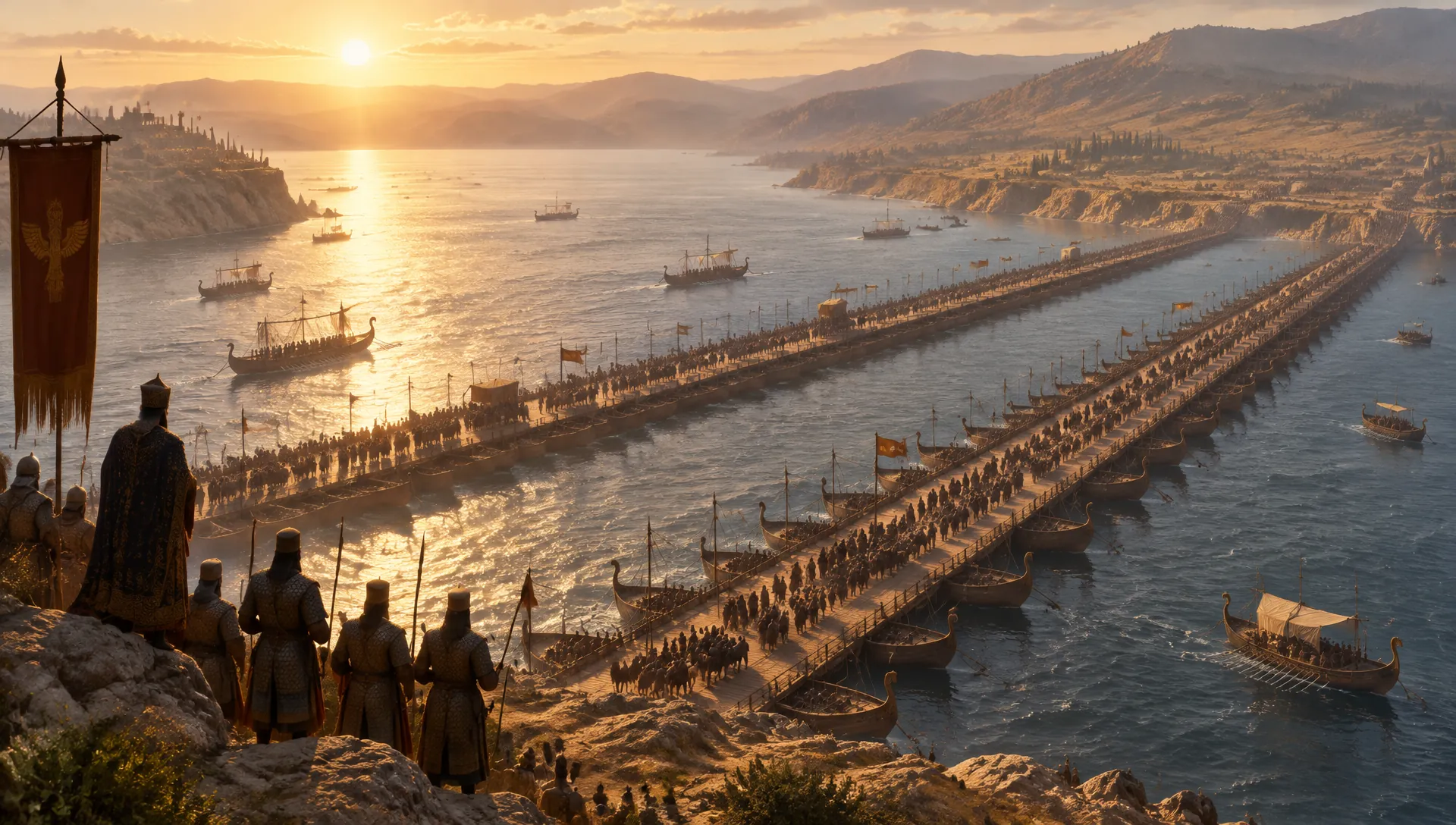 Xerxes’ army crossing the Hellespont on two bridges of ships