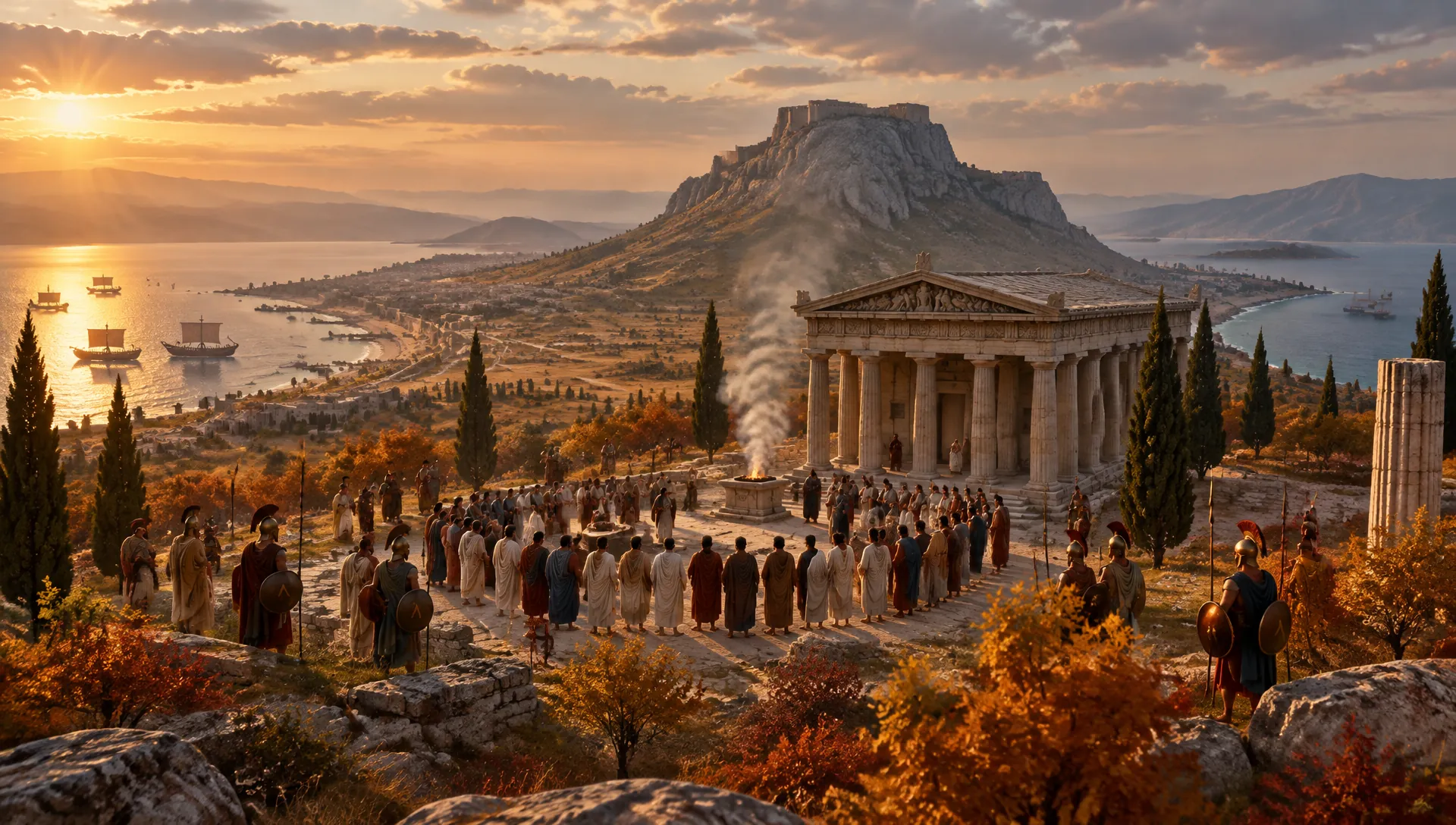 Greek envoys gathered at the sanctuary of Poseidon on the Isthmus of Corinth, Acrocorinth behind