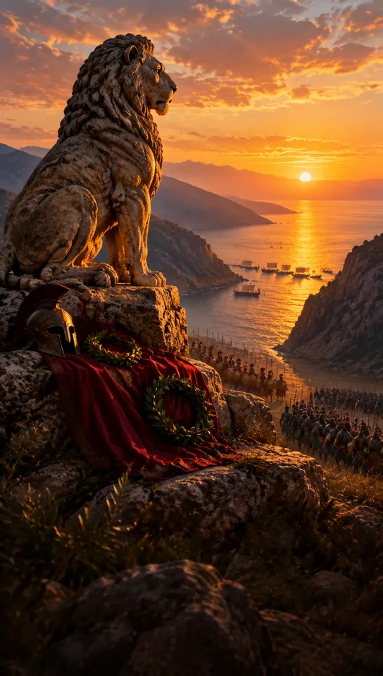 Stone lion at Thermopylae at sunset
