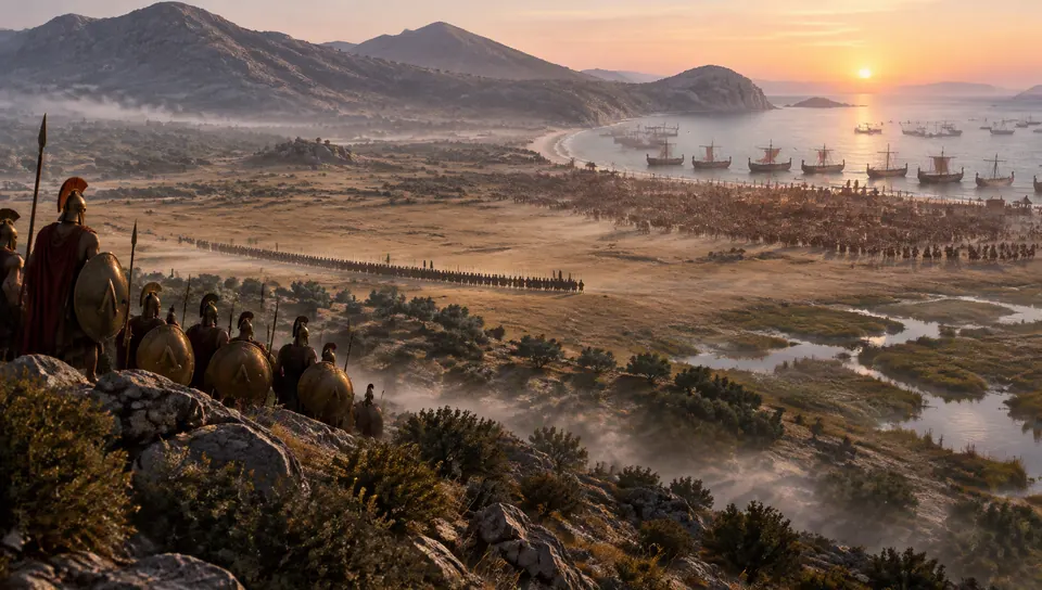 The plain of Marathon at dawn, Greek line advancing towards the Persian camp by the shore