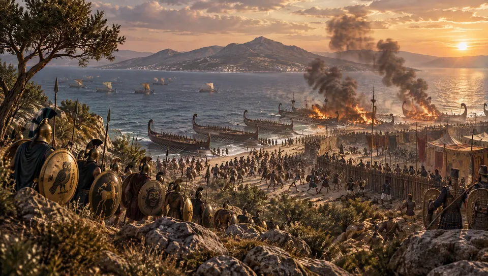 Reconstruction: Greek hoplites storming a Persian stockade on the beach at Mycale while the beached Persian ships burn, with the island of Samos across the water