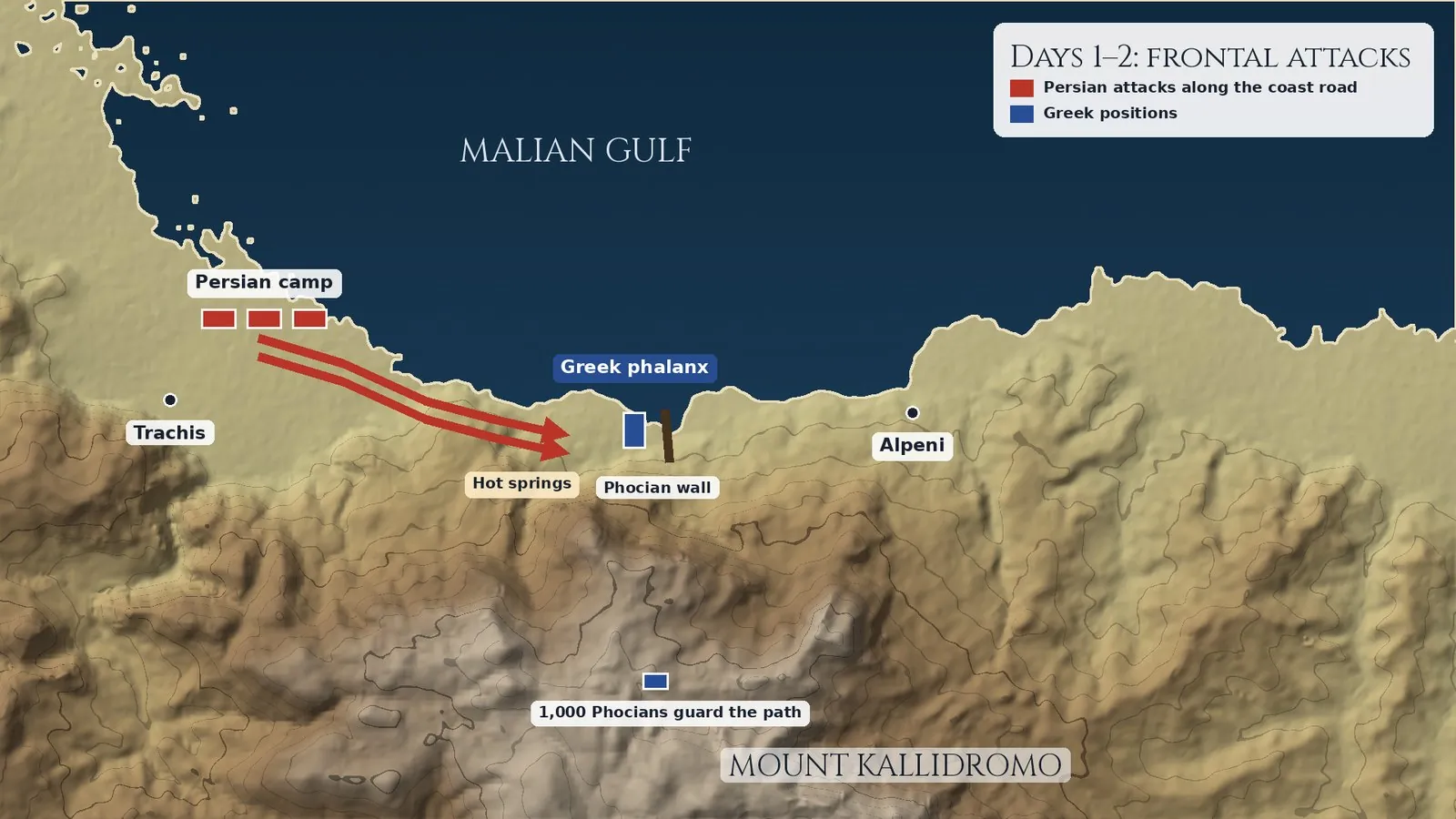 Map of days one and two: Persian attacks along the coast road against the Greek phalanx at the Phocian wall