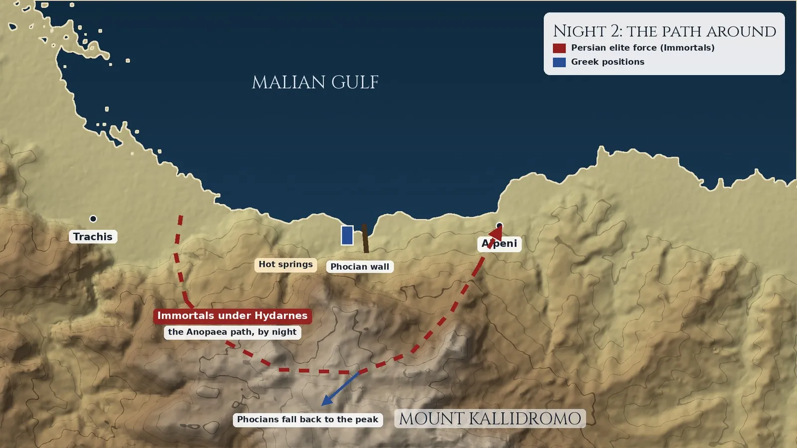 Map of the second night: the Immortals march over the Anopaea path to Alpeni