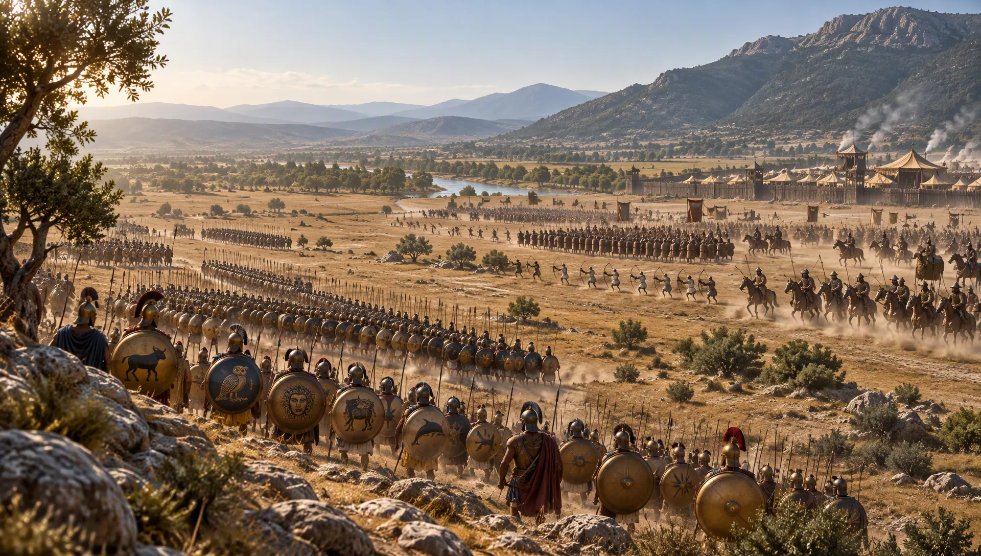 The Greek army advancing across the plain of Plataea toward the Persian camp, seen from Mount Cithaeron