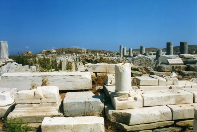 The low island of Delos in the Aegean, with ancient ruins along the shore