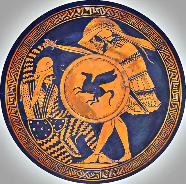 A Greek hoplite fights a Persian on an Attic cup, 5th century BC (National Museum of Scotland)