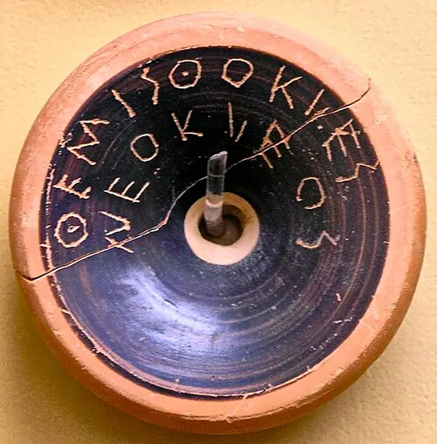 Ostracon with the name of Themistocles, used to vote him into exile (Ancient Agora Museum, Athens)