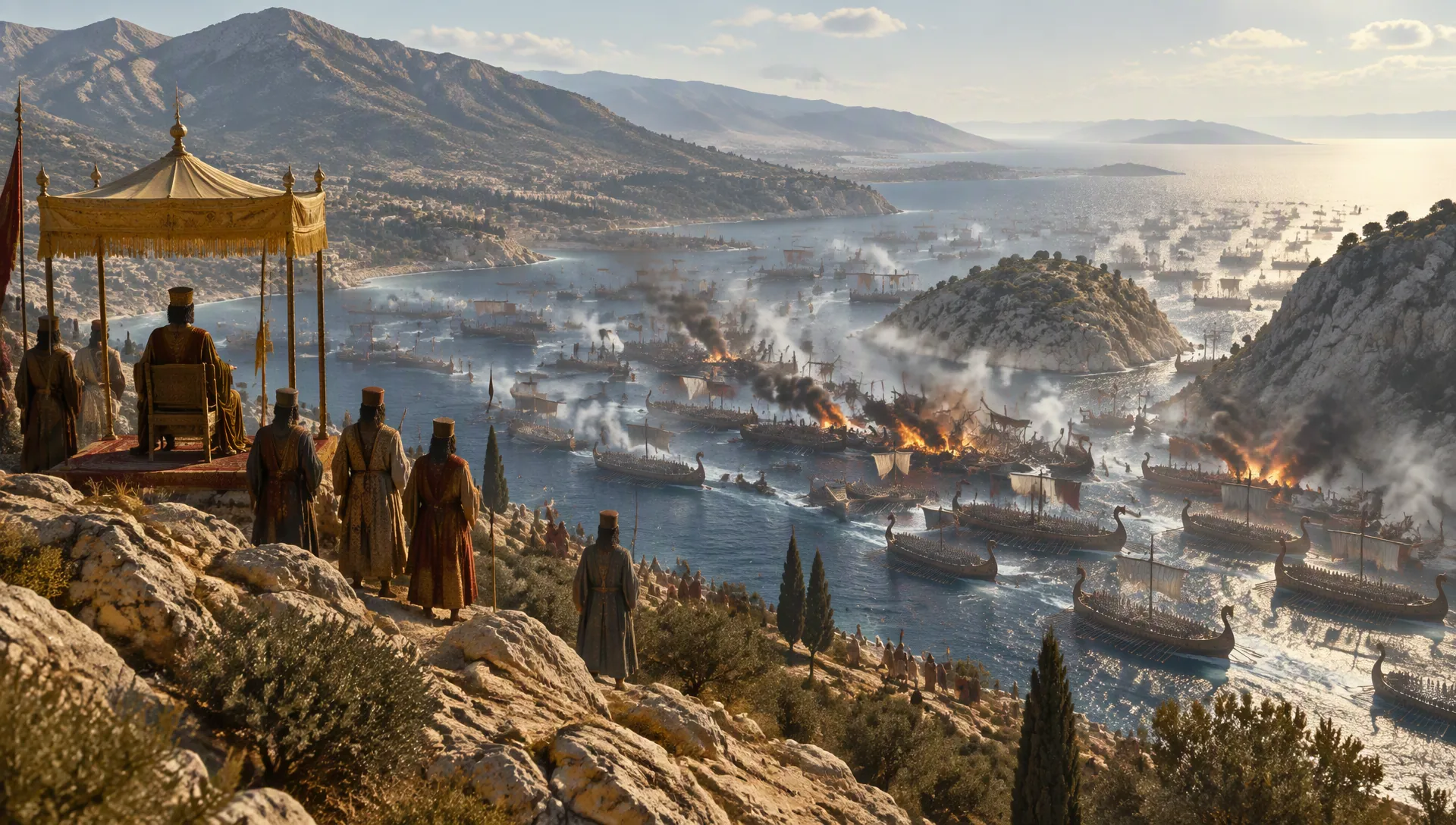 Greek and Persian fleets in the strait of Salamis, seen from the shore