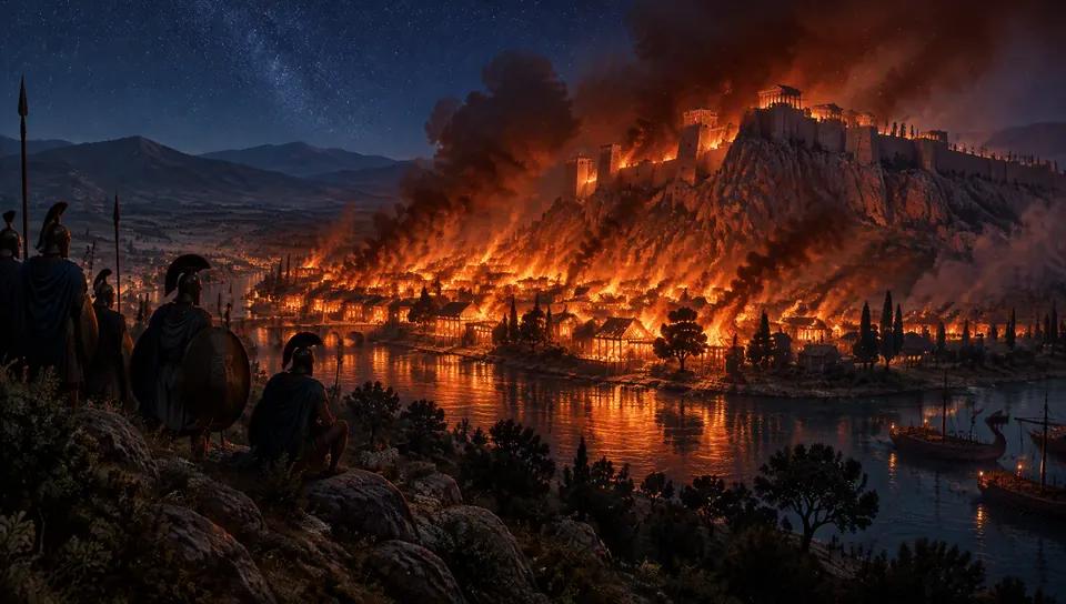 Sardis burning at night, seen from the hills