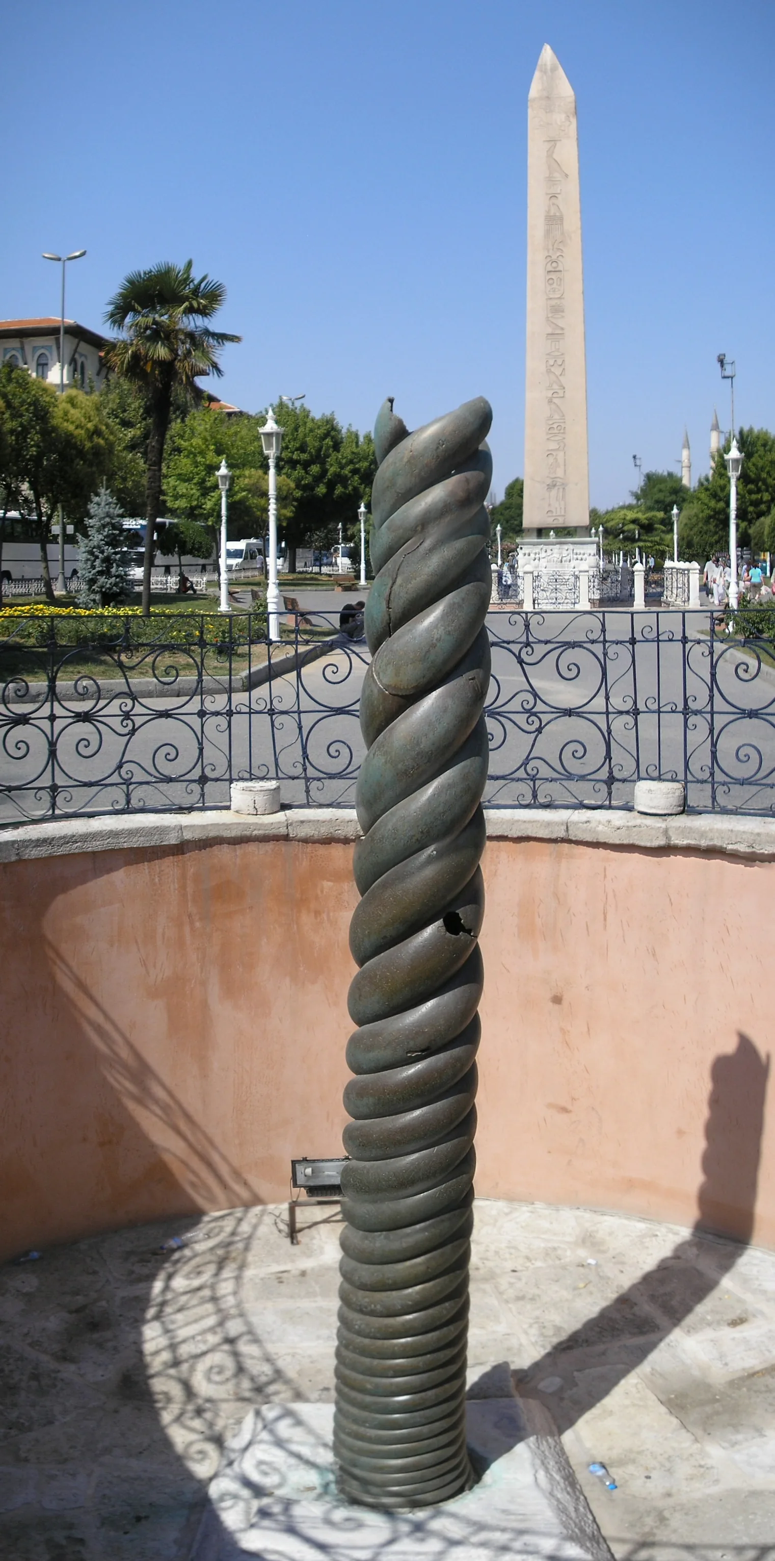 The bronze Serpent Column today, a twisted bronze stump in a pit in the Hippodrome of Istanbul