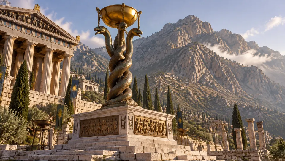 Reconstruction: a bronze column of three intertwined snakes holding a golden bowl, beside the temple of Apollo at Delphi
