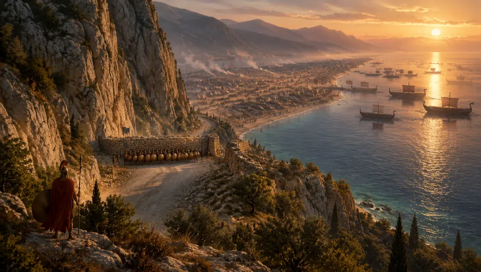 The narrow pass of Thermopylae between cliffs and sea in 480 BC